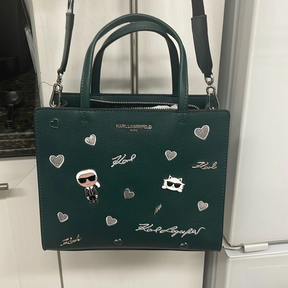 KARL LAGERFELD PARIS Maybelle Hunter Green Satchel NWT with airpods case - Picture 1 of 8